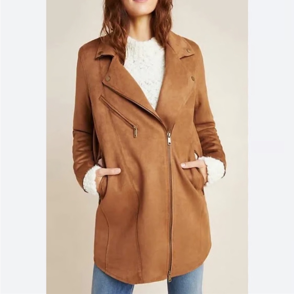 Anthropologie Ripley Faux Suede Longline Brown Moto Jacket XS